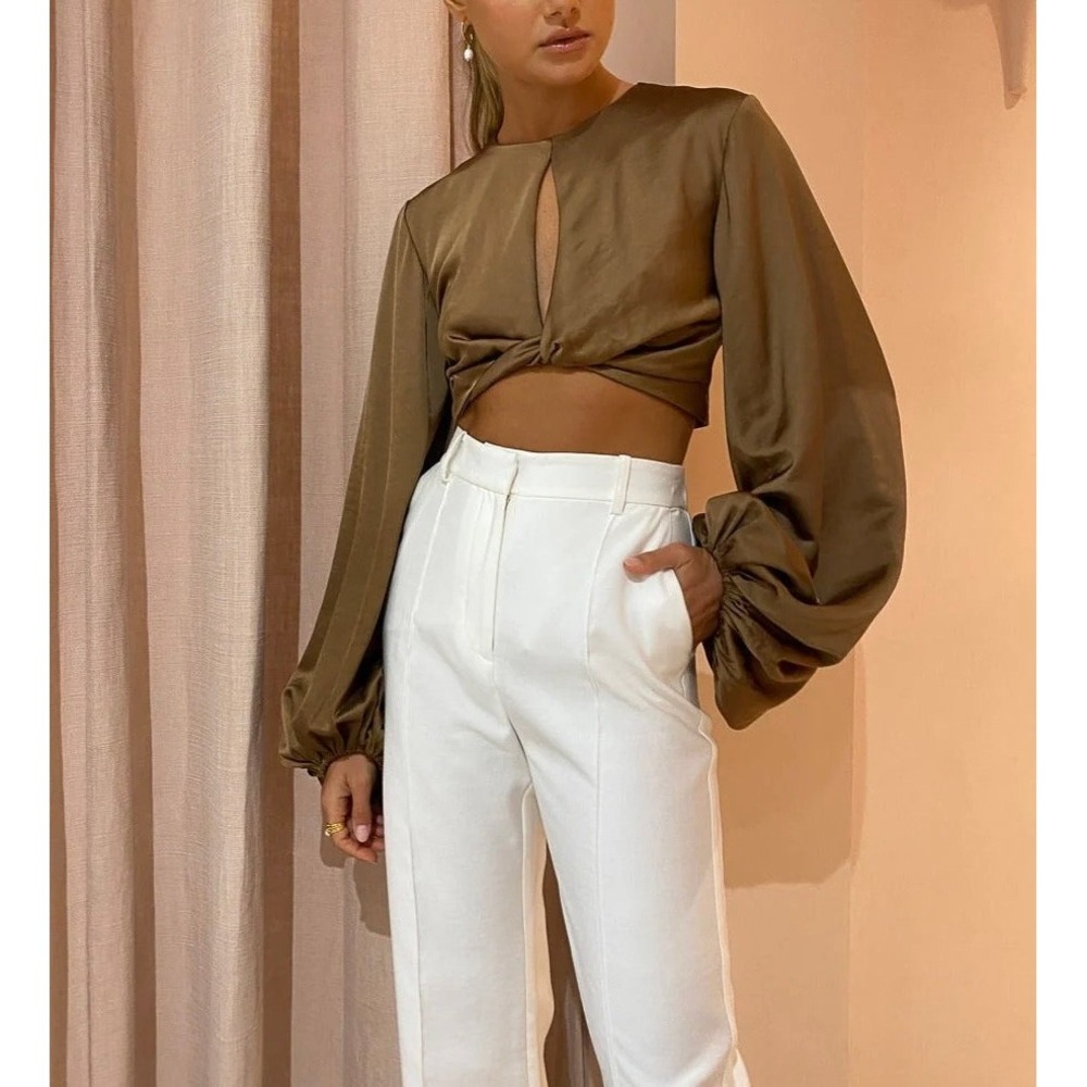 Significant Other Crop Top Women 4 Brown Lantern Sleeve Keyhole Back Zip